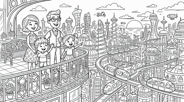 Black and White Coloring Page of a Stylized Family on a Balcony Overlooking a Futuristic Cityscape with Monorails and Flying Vehicles, Outline Illustration for Kids