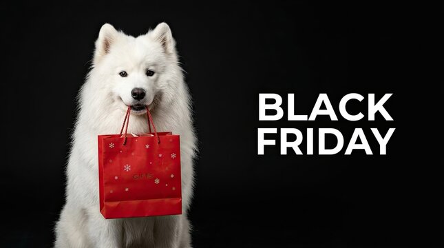 Adorable white samoyed dog holding a red shopping bag for a black friday sale on black background
