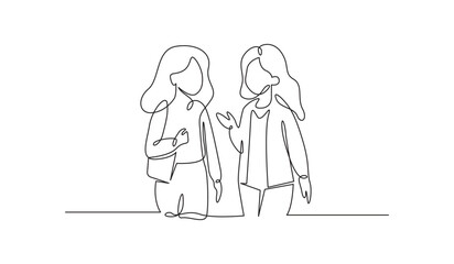 Obraz premium Continuous line drawing of two women standing and talking for friendship or casual conversation concept
