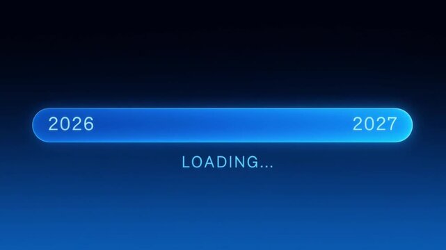 Animated Loading Bar Transition From 2026 To 2027 With Glowing Blue Progress On Dark Background video clip