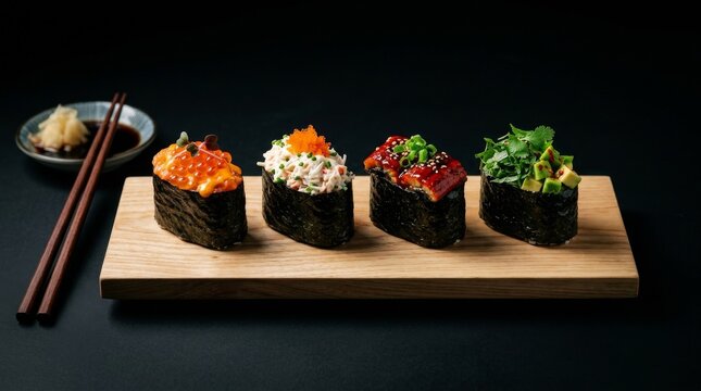Row of four assorted creative Japanese fusion sushi rolls with various colorful toppings served on a long wooden board against a dark dramatic background.