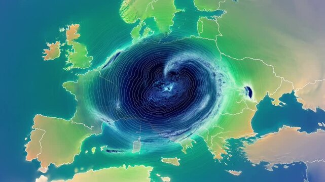 Swirling Storm System Over Europe Map With Animated Weather Patterns And Climatic Data Visualization video clip