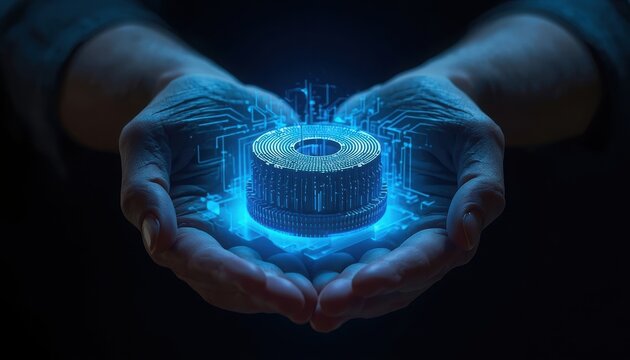 Hands cradle a glowing digital gear assembly representing advanced mechanical innovation and engineering.
