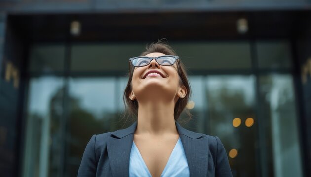 Professional woman stands confidently in front of a dark glass building while smiling upwards.