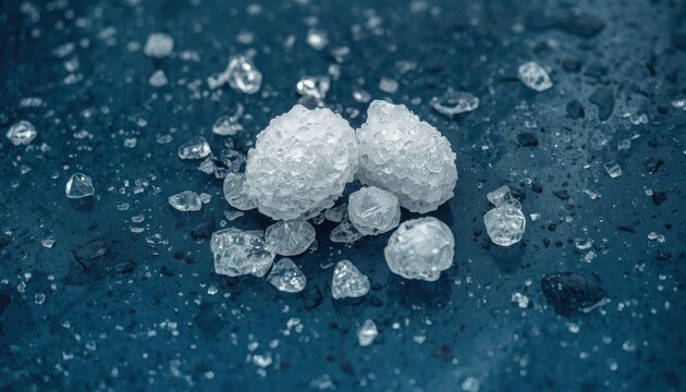 Hailstones lie scattered across a dark, wet surface after a severe thunderstorm.
