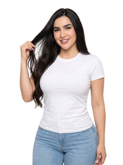 Fototapeta premium A smiling confident woman in a white t-shirt and jeans poses casually, isolated on a white background