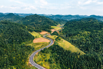 Fototapeta premium A winding paved road cuts through dense forests and farmlands in a mountainous natural landscape under a clear sky.