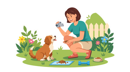 Fototapeta premium Female content creator recording puppy training and pet care vlog in backyard garden flat vector illustration.