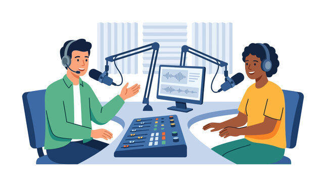 Professional radio host interviewing diverse guest for podcast in recording studio flat vector illustration.