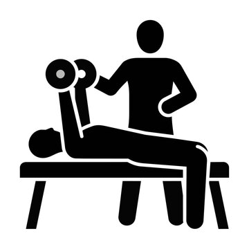 Minimalist pictogram of an athlete performing a dumbbell chest press with a spotter on a weight bench isolated on a white background fitness and training concept