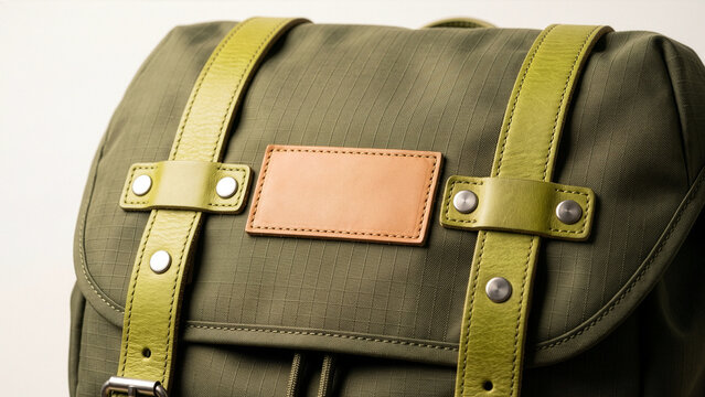 Close up of a green canvas backpack with olive green leather straps and a blank tan leather patch for branding