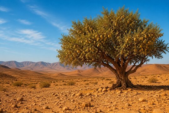 Solitary argan tree with golden fruits in a Moroccan desert landscape.