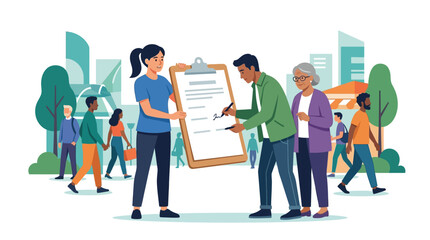 Obraz premium Diverse residents signing a large petition document on a clipboard in city park flat vector illustration