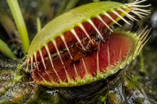 A Venus flytrap with its sealed leaf chamber in a swamp, macro view.