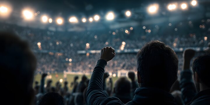 Fans cheer with raised fists inside a brightly lit sports stadium at night