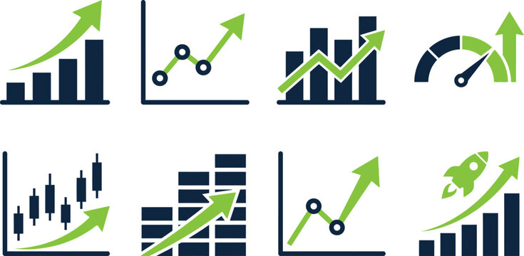 Business growth and financial performance icons set featuring bar charts and rising arrows business marketing analysis statistics performance investment speedometer corporate