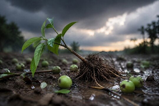 Young seedling uprooted by storm with unripe fruit on soil.