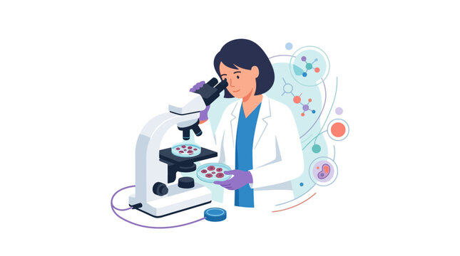 Female oncology scientist analyzing cell samples with microscope in laboratory for cancer research flat design vector illustration
