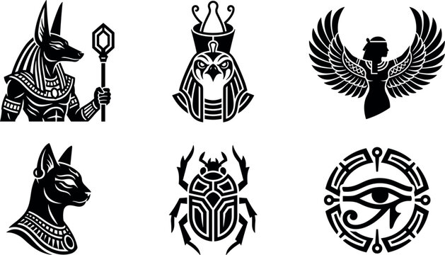 Ancient Egyptian Mythology Silhouette Icon Set Featuring Anubis Horus Goddess Isis Winged Deity Bastet Cat Scarab Beetle And Eye Of Horus Protection Symbols For Branding Layouts