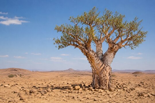 Lone Boswellia tree in an arid desert landscape with resin droplets on bark.
