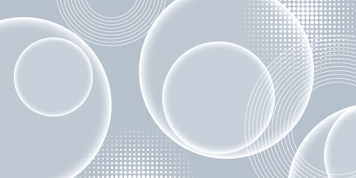Abstract light grey and white background with glowing circle sphere bubbles and halftone dots pattern texture. Modern clean minimal geometric vector illustration graphic design asset.