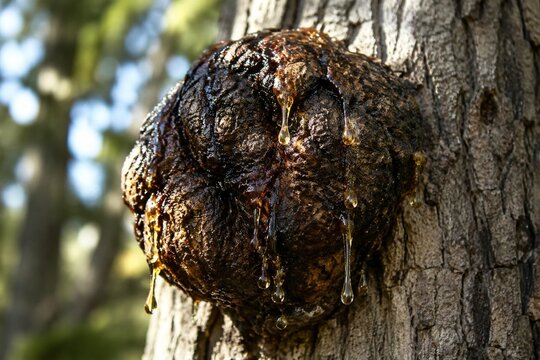 Close-up of a dark, swollen tree burl oozing golden amber resin on oak bark.