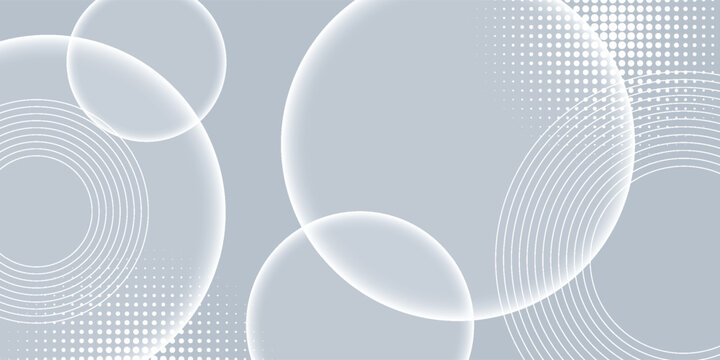 Abstract light grey and white background with glowing circle sphere bubbles and halftone dots pattern texture. Modern clean minimal geometric vector illustration graphic design asset.