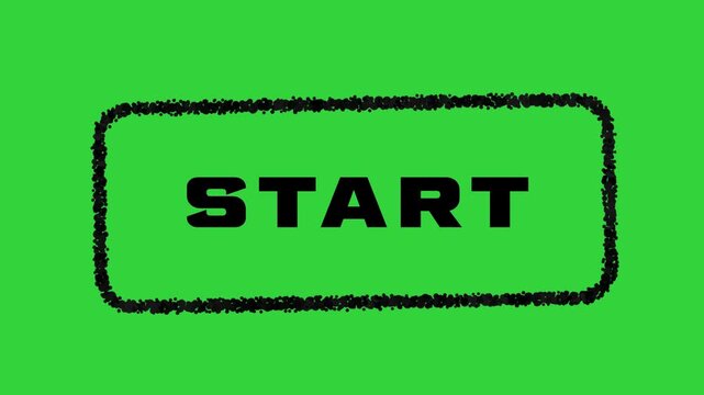 Minimalist arcade style start button animation with hand-drawn black border on bright green background for video games UI.