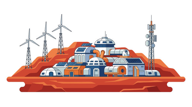 Futuristic Mars research base for sustainable space colonization with wind turbines flat design vector illustration.
