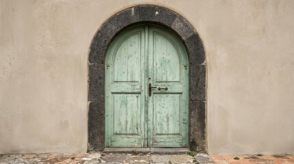 Fototapeta premium Vintage Green Door Set Against Light Stucco Wall in Pastoral Scene