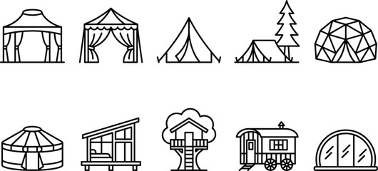 Glamping And Alternative Lodging Line Icon Set Featuring Luxury Tents Geodesic Domes Yurts Treehouses Cabin Tiny Homes And Camping Shelter Symbols For Travel App Layouts © Nittika
