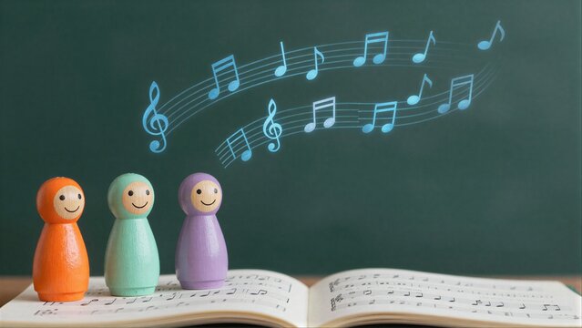 Three colorful wooden dolls sing music notes from an open sheet.