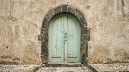 Fototapeta premium Vintage Green Door Set Against Light Stucco Wall in Pastoral Scene
