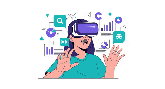A happy woman wearing a virtual reality headset interacting with a digital interface surrounded by data visualizations and technology icons.