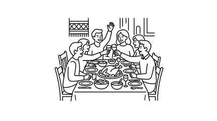 Fototapeta premium Sleek Black and White Line Drawing of Family Gathering Around a Festive Dinner Table with Wine Glasses and Dishes