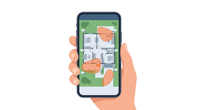Hand holding smartphone monitoring smart home security app with house floor plan and camera alerts flat vector illustration.