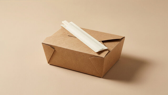Brown cardboard takeout food container with chopsticks mockup on a plain background