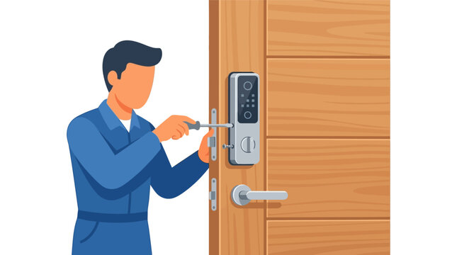 Professional technician installing a modern smart digital door lock for home security flat vector illustration.