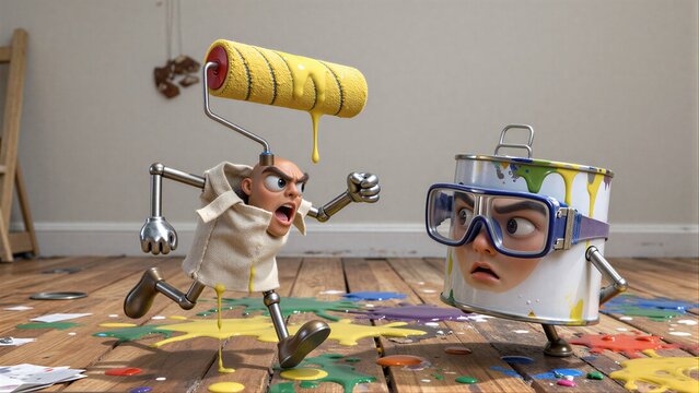Paint roller character runs, splattering yellow paint as paint can looks on in alarm.