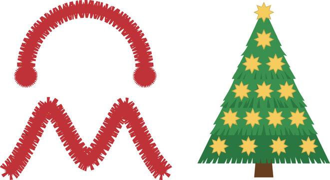 Christmas Festive Design Elements Set Featuring Decorated Green Pine Tree with Yellow Star Ornaments and Red Textured tinsel Garland Borders