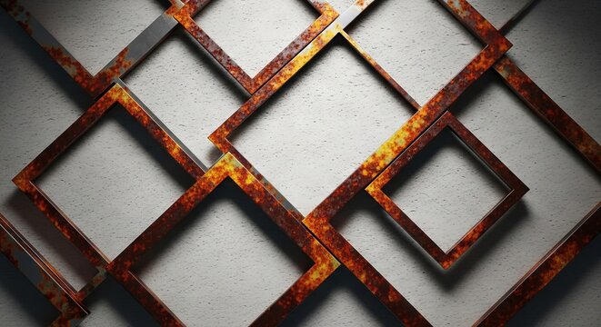 Minimalist industrial abstract featuring sharp overlapping metal squares with deep rust stains on a textured light gray cement surface, architectural, chips, steel blue