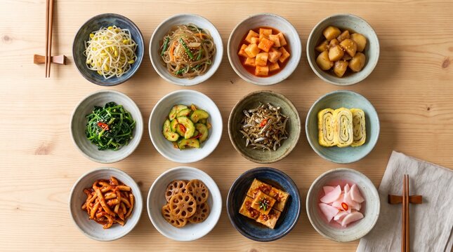 A grid of twelve different ceramic banchan dishes filled with colorful side dishes, creating a pattern. Surface: Light natural wood. Dishes include: Kongnamul, Japchae, Kimchi, Gamja-jorim, Myeolchi-b
