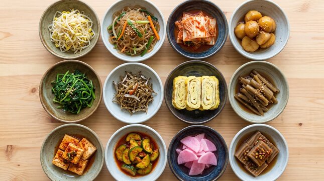 A grid of twelve different ceramic banchan dishes filled with colorful side dishes, creating a pattern. Surface: Light natural wood. Dishes include: Kongnamul, Japchae, Kimchi, Gamja-jorim, Myeolchi-b
