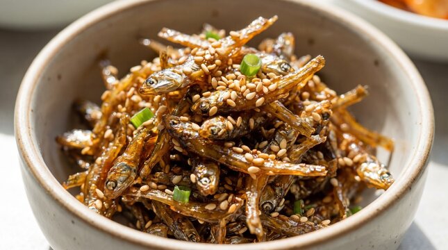 Close-up of Myeolchi-bokkeum (stir-fried dried anchovies) glistening with a sweet soy glaze and sesame seeds.