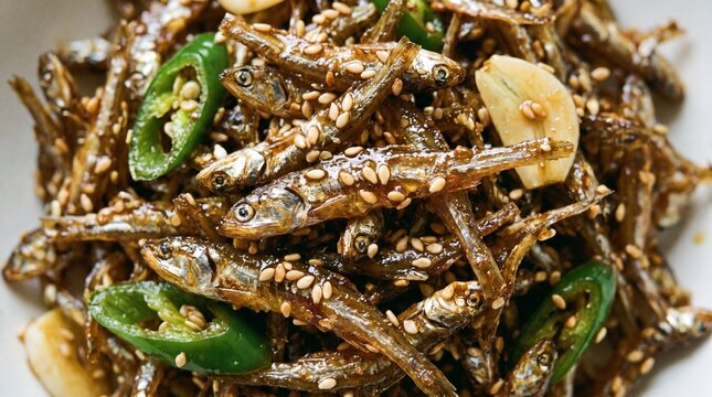 Close-up of Myeolchi-bokkeum (stir-fried dried anchovies) glistening with a sweet soy glaze and sesame seeds.