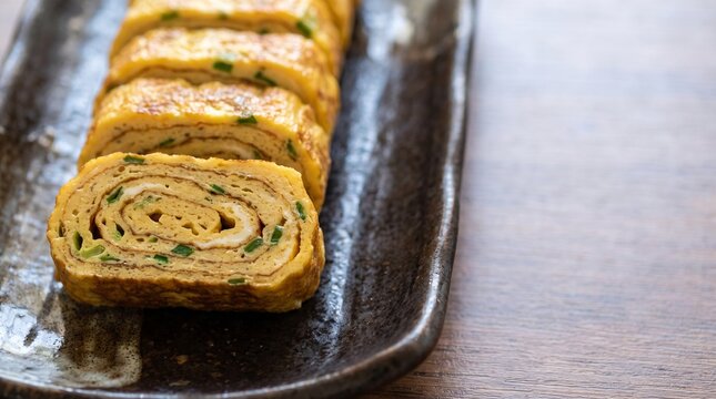 Slices of Gyeran-mari (rolled omelet) arranged neatly on a dark ceramic rectangular plate, showing the layers and green onion inclusions.