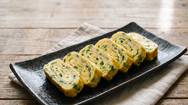 Slices of Gyeran-mari (rolled omelet) arranged neatly on a dark ceramic rectangular plate, showing the layers and green onion inclusions.
