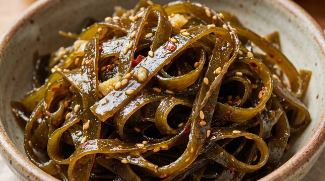 The texture of seasoned seaweed salad (Miyeok-j줄기볶음) glistening with sesame oil.