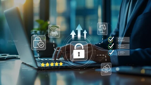 Businessman in modern office implementing cybersecurity growth strategy with animated lock icon, secure digital transformation, business protection, compliance management and enterprise development