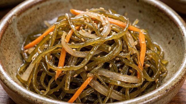 The texture of seasoned seaweed salad (Miyeok-j줄기볶음) glistening with sesame oil.